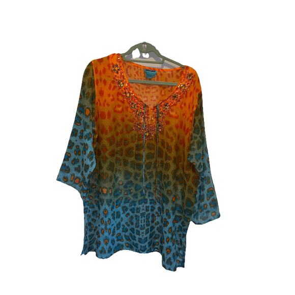Aqua Blue Sz 3X Swim Coverup Embroidered Animal Print NWOT - Picture 1 of 9